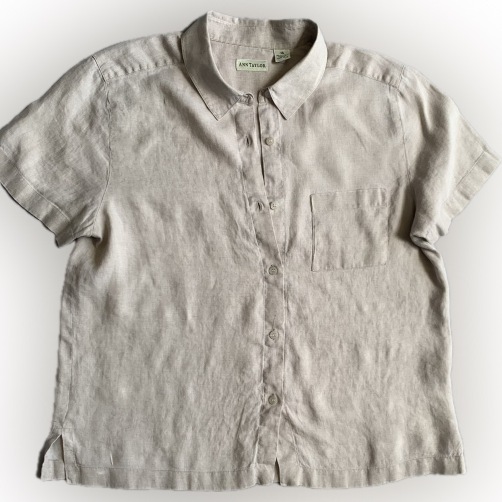 ANN TAYLOR linen Short sleeve button down shirt in tan, size 14